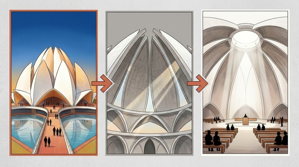 O Templo de Lótus transforma 45 cascas curvas de concreto branco em uma flor gigante no coração de Nova Délhi