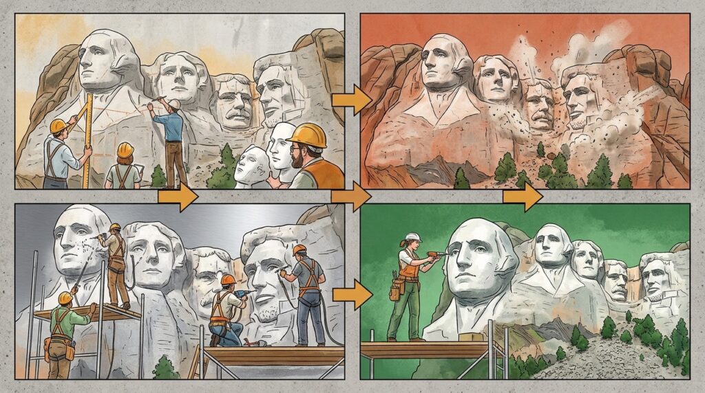 Monte Rushmore transformou uma montanha de granito em quatro rostos gigantes esculpidos na paisagem