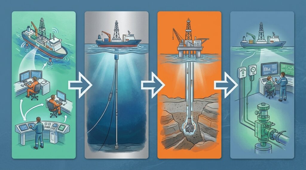 Com 3.048 metros de lâmina d'água e poços de até 12.195 metros, navio-sonda usa computadores e propulsores para perfurar petróleo sem ancorar no fundo do mar