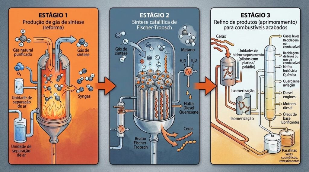 Gás natural atravessa reatores catalíticos e sai convertido em combustíveis líquidos para tanques comuns