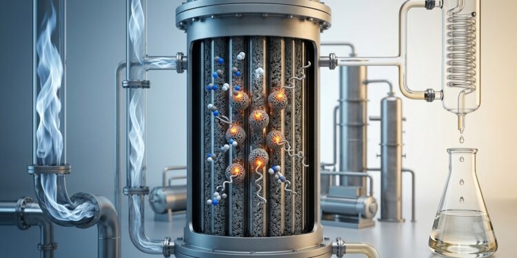 Gás natural atravessa reatores catalíticos e sai convertido em combustíveis líquidos para tanques comuns