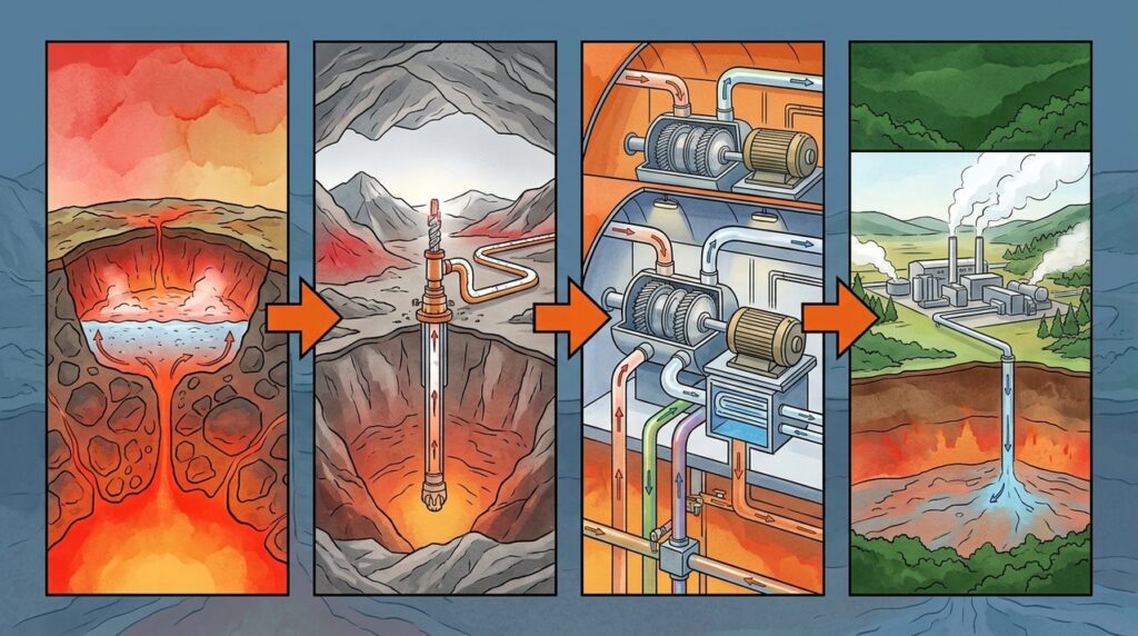 Com poços de até 3 km e vapor a centenas de graus, usina geotérmica transforma o calor escondido da Terra em eletricidade constante