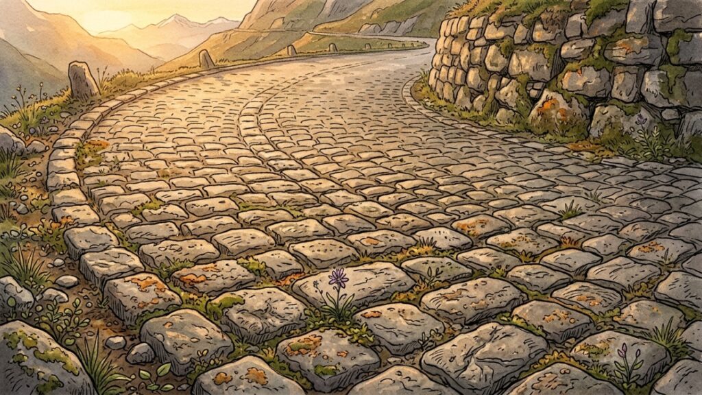 Estrada suíça de pedras com 24 curvas fechadas