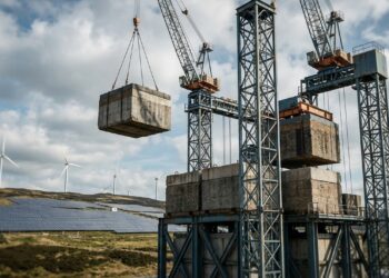 Blocos gigantes sobem quando sobra energia e descem quando falta luz; a bateria de gravidade quer guardar renováveis sem lítio