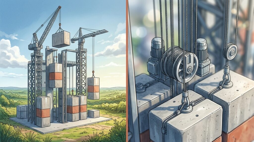 Blocos gigantes sobem quando sobra energia e descem quando falta luz; a bateria de gravidade quer guardar renováveis sem lítio