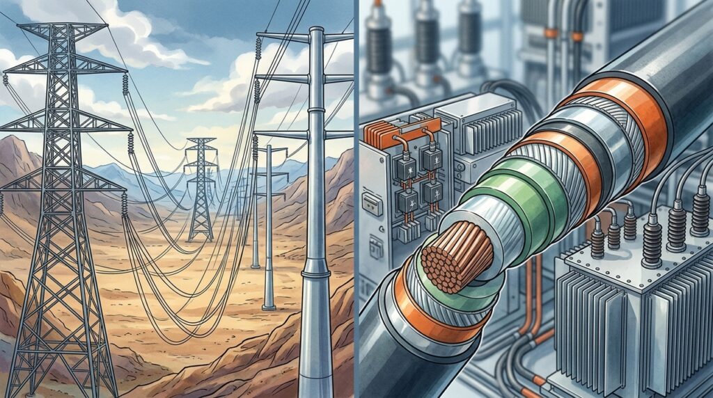 Entre desertos, montanhas e oceanos, as linhas de transmissão em corrente contínua atravessam continentes levando eletricidade por milhares de quilômetros