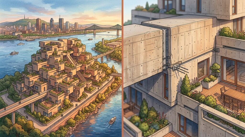 Com 365 caixas de concreto empilhadas, o Habitat 67 tentou colocar jardins e casas individuais dentro de um edifício coletivo