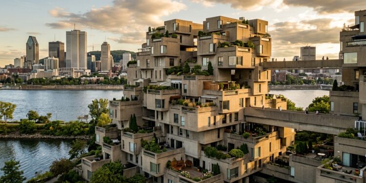 Com 365 caixas de concreto empilhadas, o Habitat 67 tentou colocar jardins e casas individuais dentro de um edifício coletivo