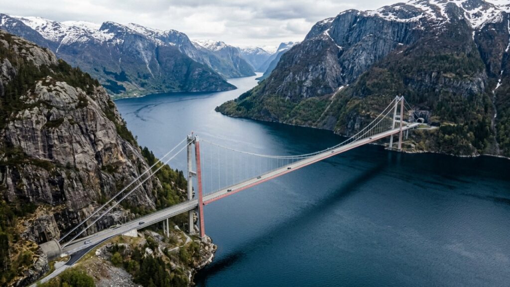 Ponte norueguesa ligada a túneis e rotatórias