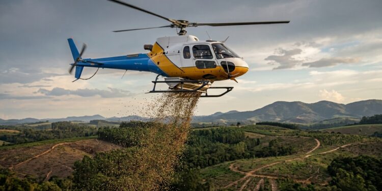 Helicóptero da PRF espalha sementes nativas no Paraná