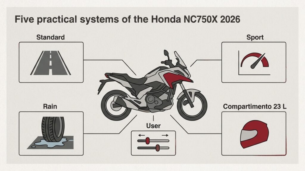 Honda NC750X 2026 facilita manobras e amplia o conforto