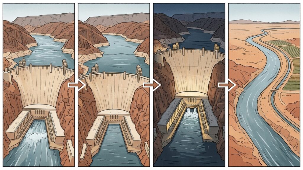 Hoover Dam como muralha de concreto no deserto