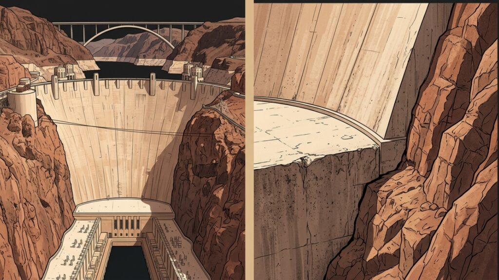 Hoover Dam como muralha de concreto no deserto