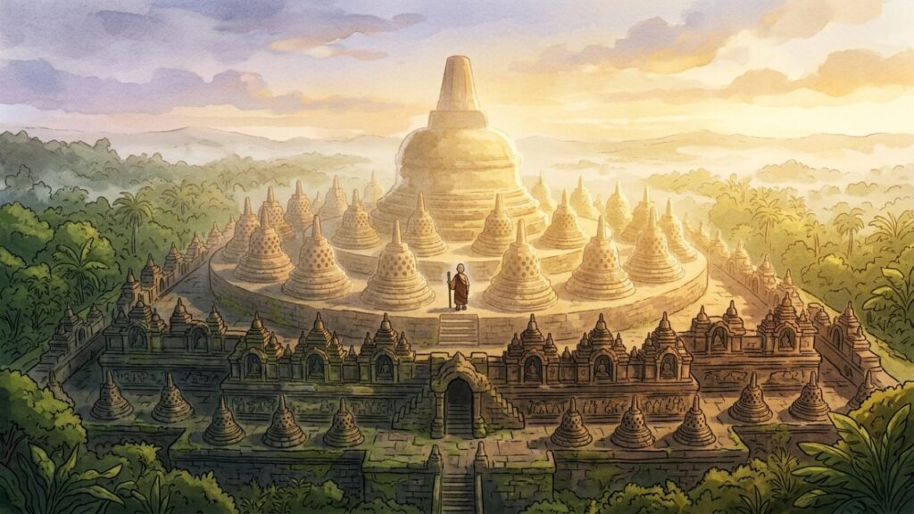 Borobudur transforma peregrinação em narrativa de pedra