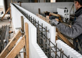 Blocos de EPS viram fôrmas permanentes e recebem concreto por dentro: como o sistema ICF ergue paredes sem alvenaria comum