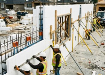 Como uma casa pode ser construída com paredes de ICF e quais cuidados evitam que as fôrmas abram durante a concretagem