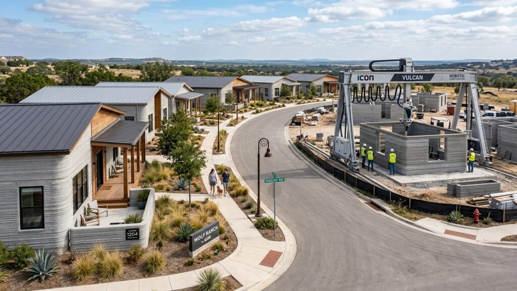 Projetada para abrigar 100 residências impressas em 3D, a inovadora comunidade no Texas utiliza robótica de grande porte para acelerar as obras