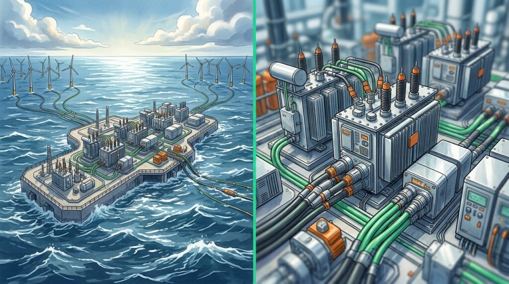 Ilha energética no Mar do Norte reúne turbinas, cabos e subestações para levar energia limpa à Europa