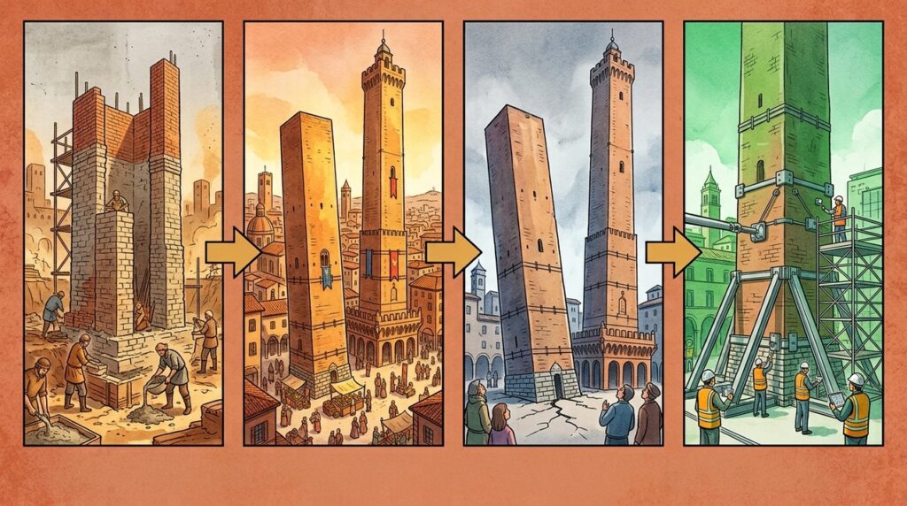 Com quase 100 metros de tijolos, a Torre Asinelli transformou prestígio medieval em risco vertical