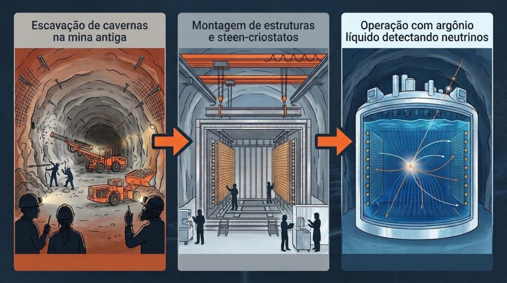 A 1,5 quilômetro de profundidade, cavernas gigantes do DUNE começam a receber detectores de argônio