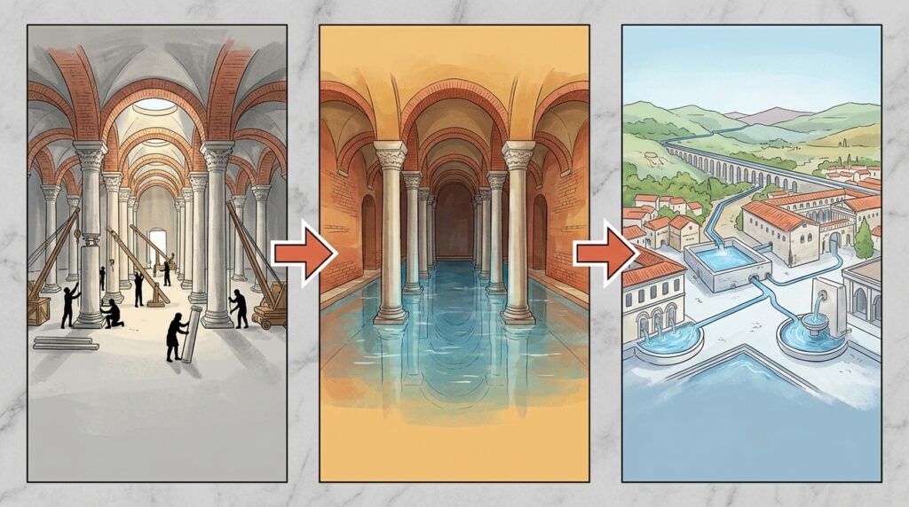 A Cisterna da Basílica transforma o subsolo de Istambul em um reservatório monumental do século VI