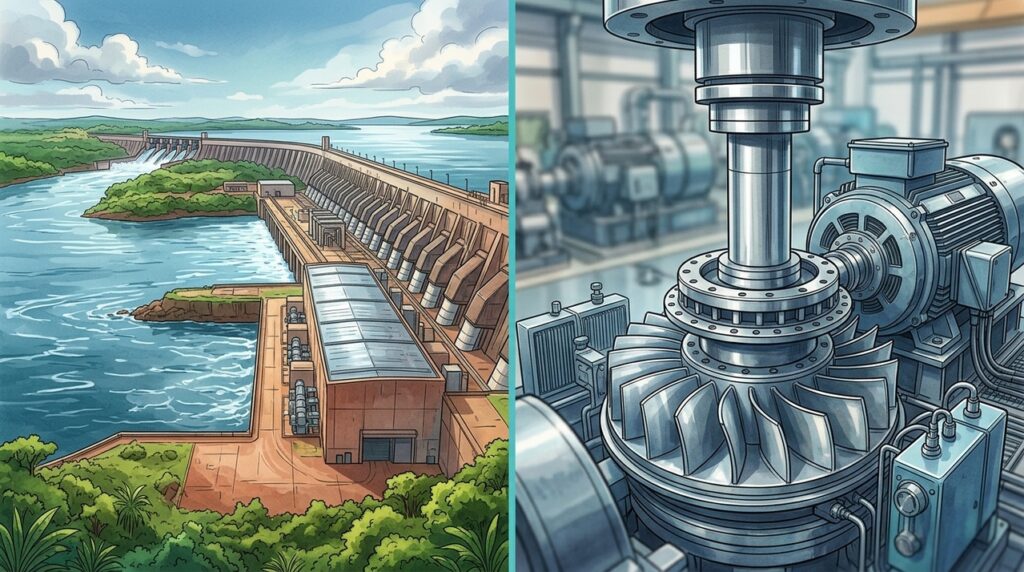 Com 20 turbinas de 700 MW, Itaipu usa a força do Rio Paraná para mover geradores gigantes e entregar energia em escala de país inteiro