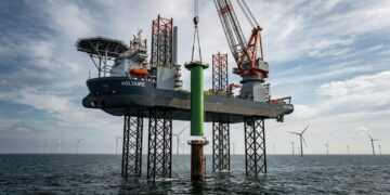 Maior navio de instalação eólica se ergue sobre o mar com pernas de aço e usa guindaste de 3.000 toneladas para montar turbinas offshore