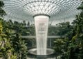 Uma cúpula de aço e vidro com 3.500 toneladas abriga uma floresta e uma queda-d’água de 40 metros dentro de um aeroporto