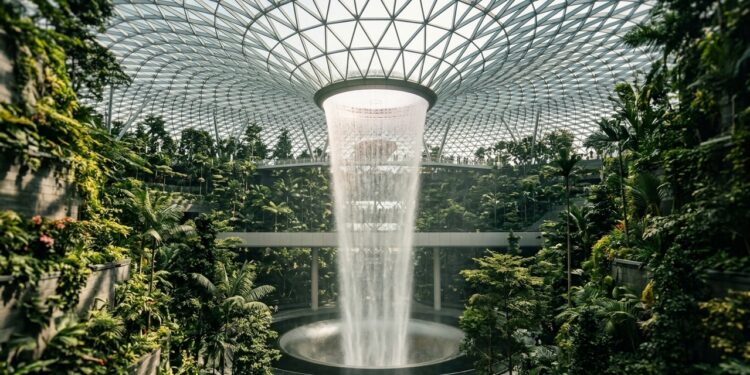 Uma cúpula de aço e vidro com 3.500 toneladas abriga uma floresta e uma queda-d’água de 40 metros dentro de um aeroporto