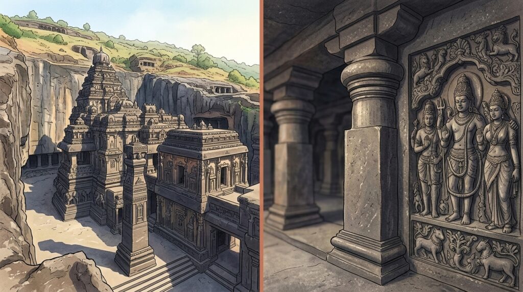 Escavado de cima para baixo, o Templo de Kailasa transformou uma montanha em arquitetura sem empilhar blocos