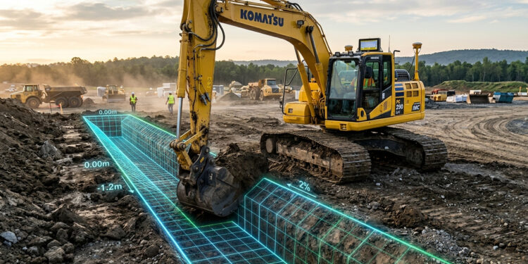 Com precisão cirúrgica de até 2 cm e orientação por GPS, a tecnologia da Komatsu reduz drasticamente o retrabalho e o tempo de verificação de cotas em obras