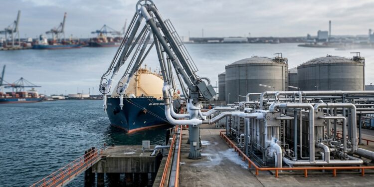 Terminal de regaseificação transforma GNL de navio em gás natural para abastecer a rede