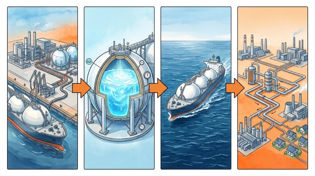 Tanques criogênicos mantêm gás natural liquefeito frio para cruzar oceanos em navios gigantes