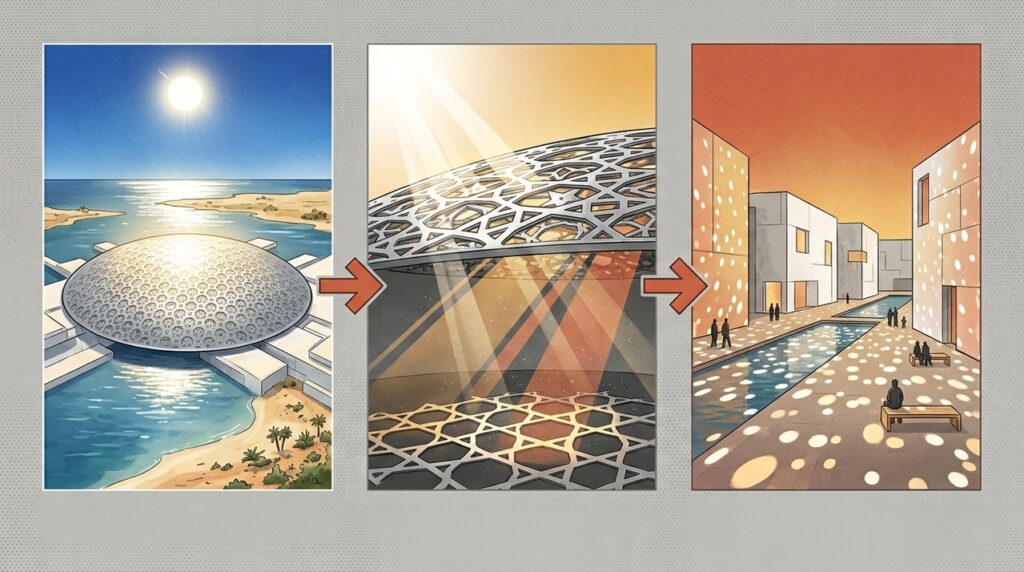 A cúpula de 7.850 estrelas metálicas que cobre o Louvre Abu Dhabi e cria chuva de luz no deserto
