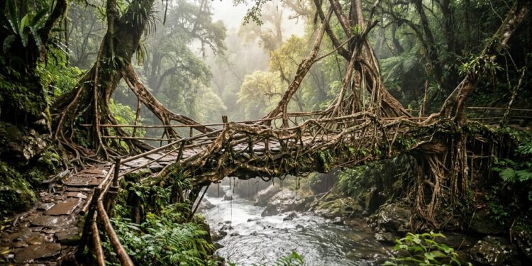 Pontes vivas feitas com raízes crescem por décadas para atravessar rios em uma das regiões mais chuvosas da Índia