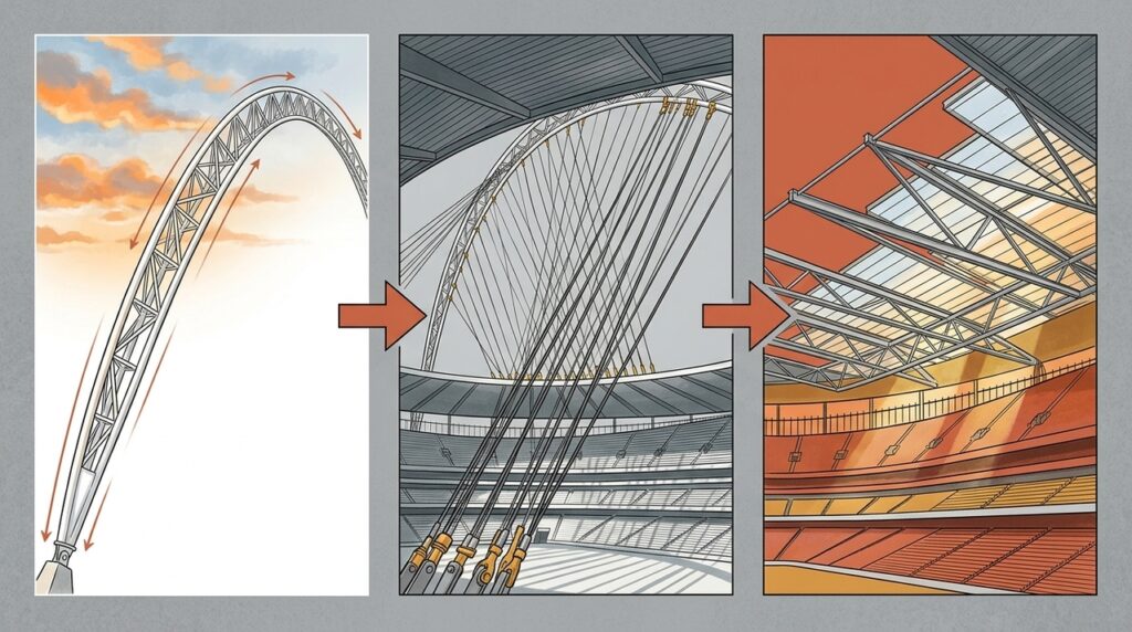 O arco gigante de Wembley sustenta parte de uma cobertura de 40 mil m² sobre 90 mil pessoas