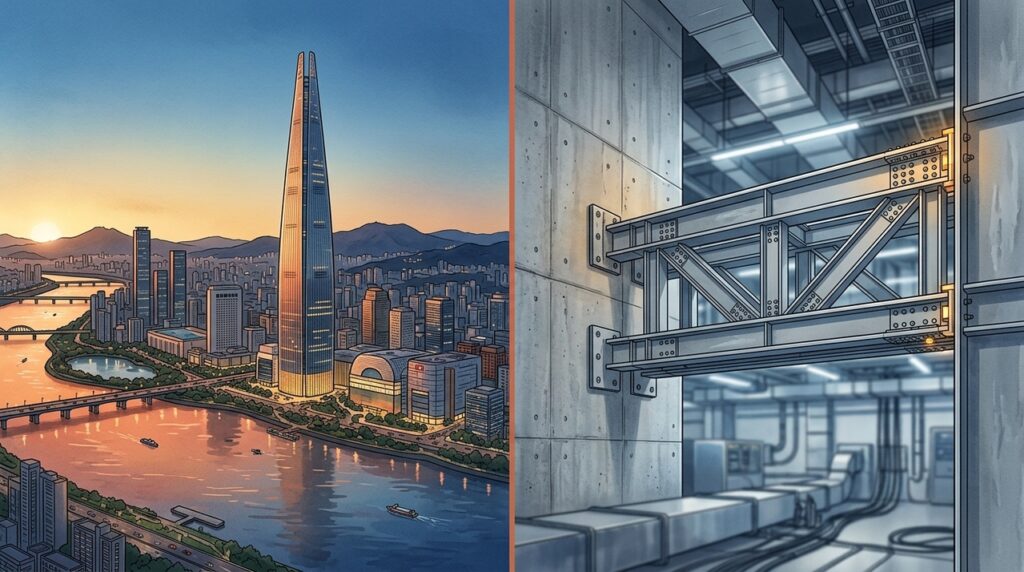 Com 555 metros de altura, a Lotte World Tower afina o horizonte de Seul com 123 andares empilhados sobre uma cidade densa