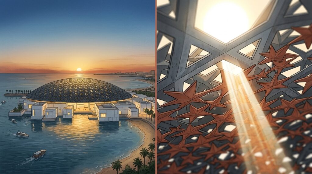 A cúpula de 7.850 estrelas metálicas que cobre o Louvre Abu Dhabi e cria chuva de luz no deserto
