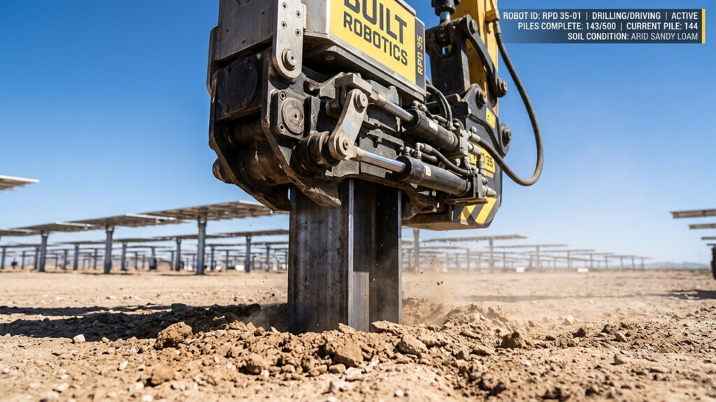 Projetado para cravar estacas metálicas em apenas 70 segundos, o robô autônomo acelera a construção de usinas solares gigantes em terrenos planos