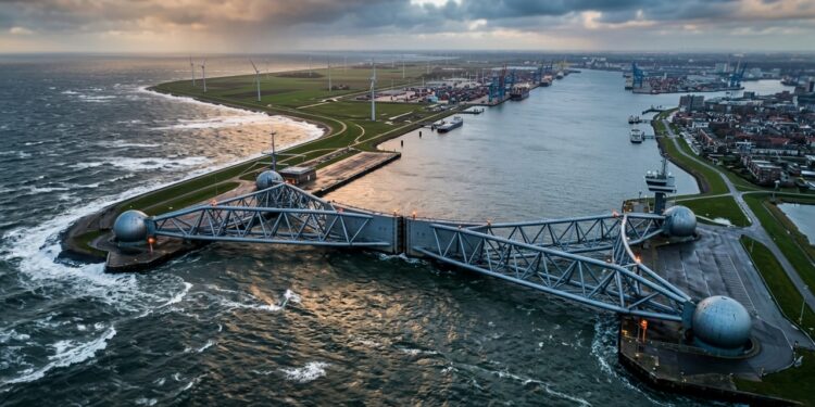 2 portas de aço com 210 metros fecham o acesso ao porto de Roterdã quando o Mar do Norte ameaça avançar sobre a Holanda