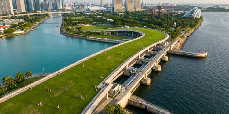 Marina Barrage controla cheias e cria um reservatório urbano