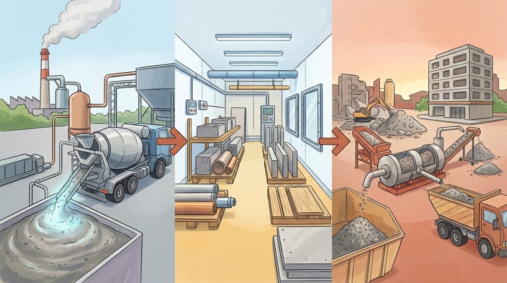 O concreto do futuro pode prender CO₂ da fábrica dentro do próprio material por mineralização de carbono