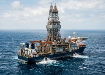 Com 3.048 metros de lâmina d'água e poços de até 12.195 metros, navio-sonda usa computadores e propulsores para perfurar petróleo sem ancorar no fundo do mar