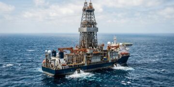 Com 3.048 metros de lâmina d'água e poços de até 12.195 metros, navio-sonda usa computadores e propulsores para perfurar petróleo sem ancorar no fundo do mar
