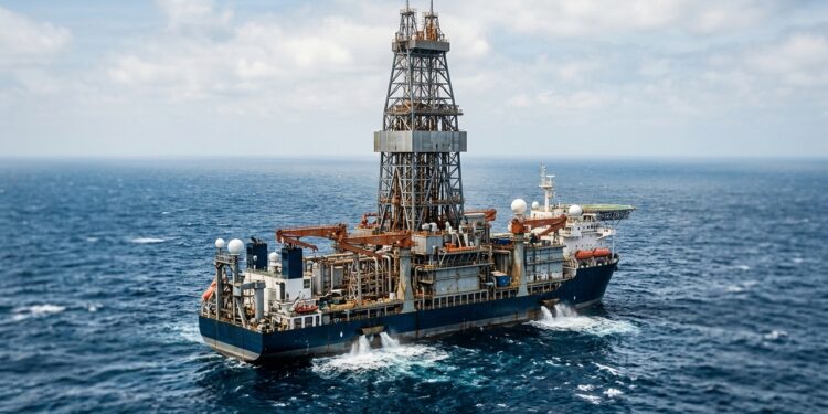 Com 3.048 metros de lâmina d'água e poços de até 12.195 metros, navio-sonda usa computadores e propulsores para perfurar petróleo sem ancorar no fundo do mar