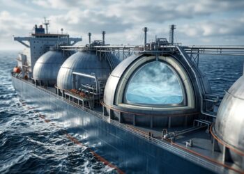 Tanques criogênicos mantêm gás natural liquefeito frio para cruzar oceanos em navios gigantes