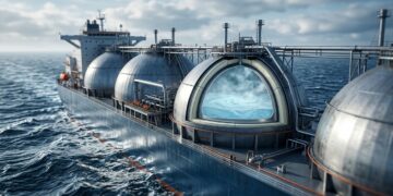 Tanques criogênicos mantêm gás natural liquefeito frio para cruzar oceanos em navios gigantes