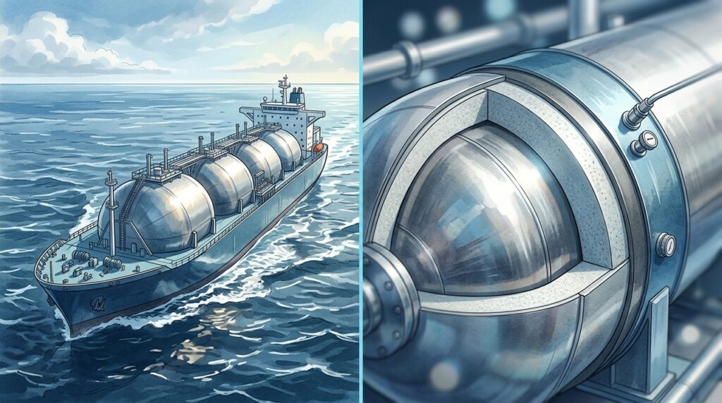 Tanques criogênicos mantêm gás natural liquefeito frio para cruzar oceanos em navios gigantes