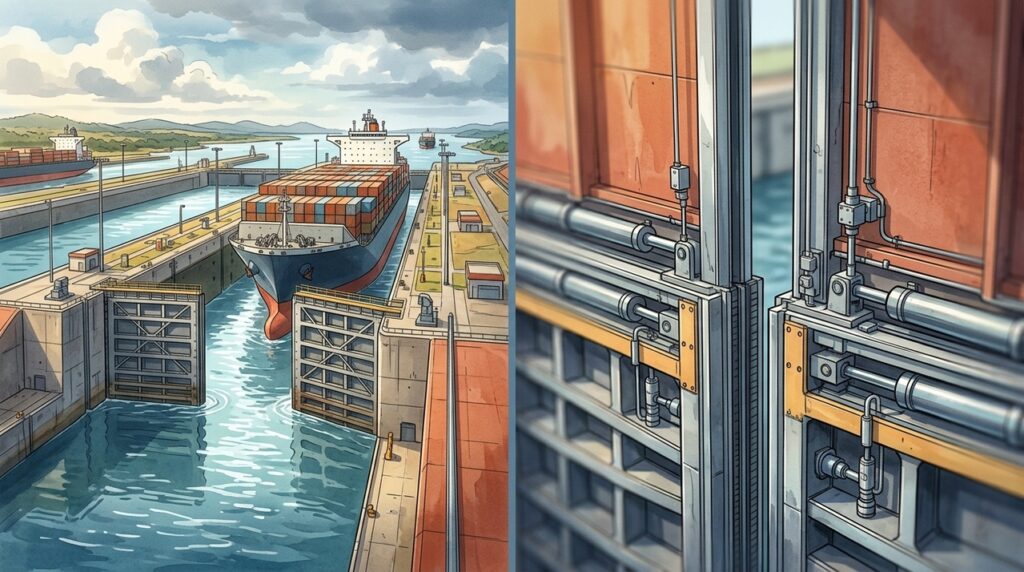 Com eclusas de 427 metros, o Canal do Panamá criou elevadores de água gigantes para receber navios de mais de 14 mil contêineres