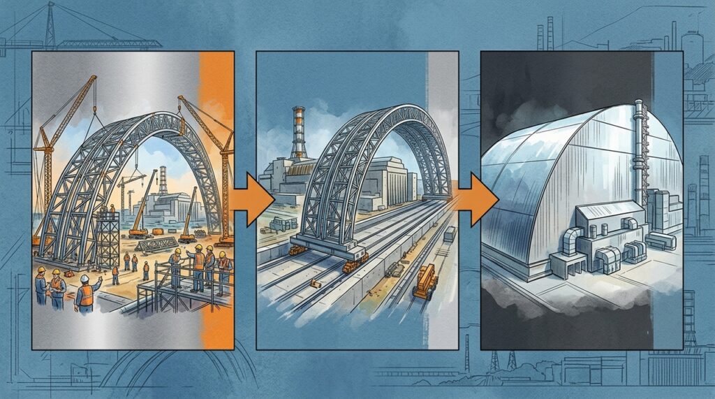 Com 257 metros de vão e 36 mil toneladas, um arco de aço deslizou sobre Chernobyl para isolar o reator destruído por 100 anos